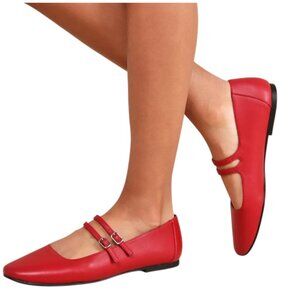 NEW Steve Madden Alisah Red Leather Square-Toe Buckle Ballet Flats Size 8.5 NWOB